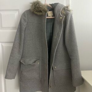 J. Crew Heather Gray Puffer Jacket with Faux Fur Trim